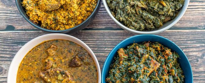 Four bowls of Nigerian soups. Good source of carbohydrates, protein, and fat